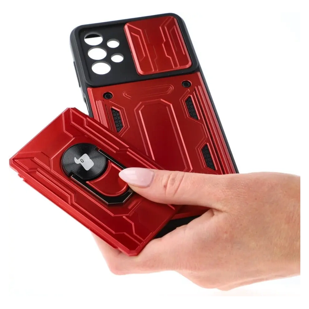 Etui Bizon Case Camshield Card Slot Ring do Samsung Galaxy A13 4G czerwone