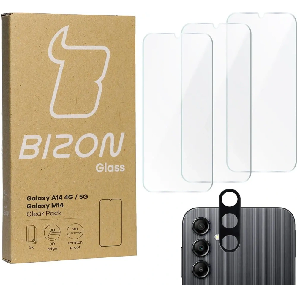 3x Szkło na ekran + szkło na aparat BIZON Clear 2 do Samsung Galaxy A14 4G/5G M14
