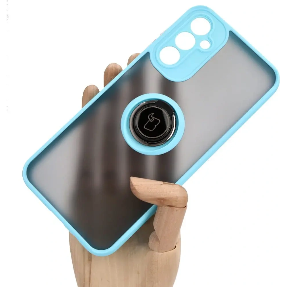 Etui z uchwytem na palec Bizon Case Hybrid Ring do Samsung Galaxy A14 4G / 5G przydymione z jasnoniebieską ramką