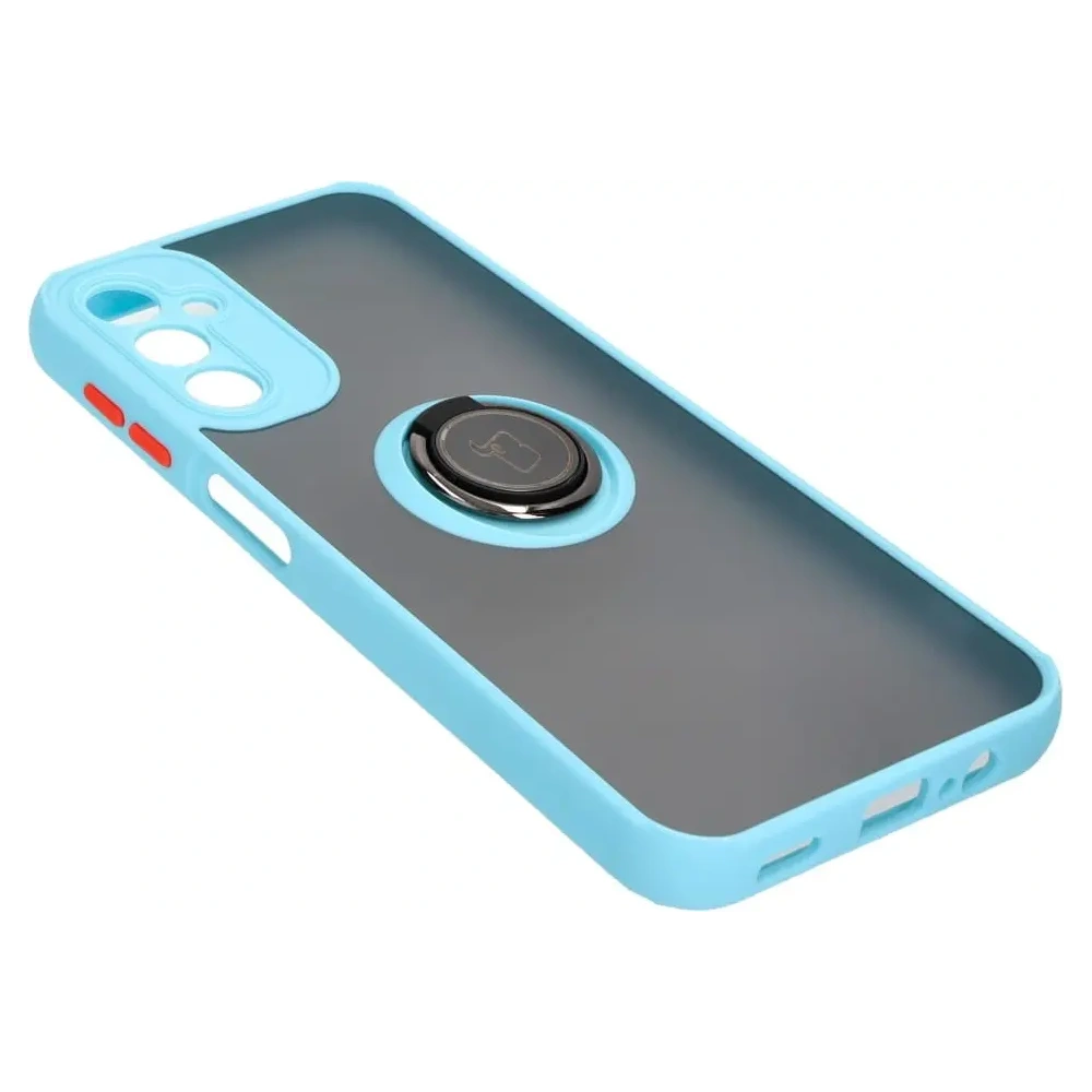 Etui z uchwytem na palec Bizon Case Hybrid Ring do Samsung Galaxy A14 4G / 5G przydymione z jasnoniebieską ramką
