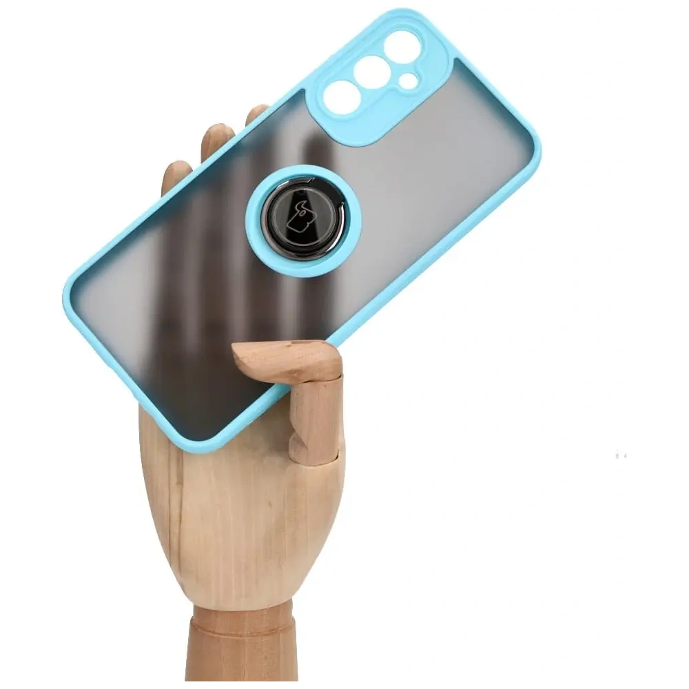 Etui z uchwytem na palec Bizon Case Hybrid Ring do Samsung Galaxy A14 4G / 5G przydymione z jasnoniebieską ramką