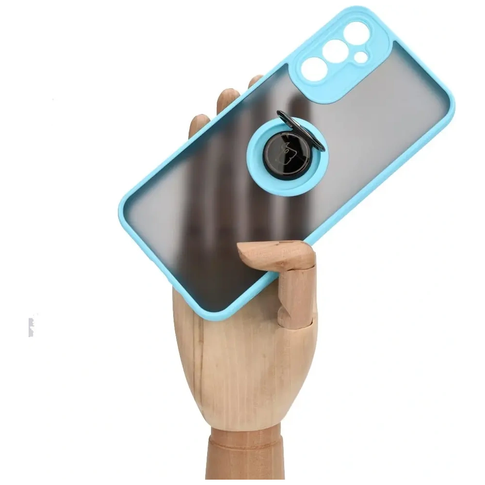 Etui z uchwytem na palec Bizon Case Hybrid Ring do Samsung Galaxy A14 4G / 5G przydymione z jasnoniebieską ramką