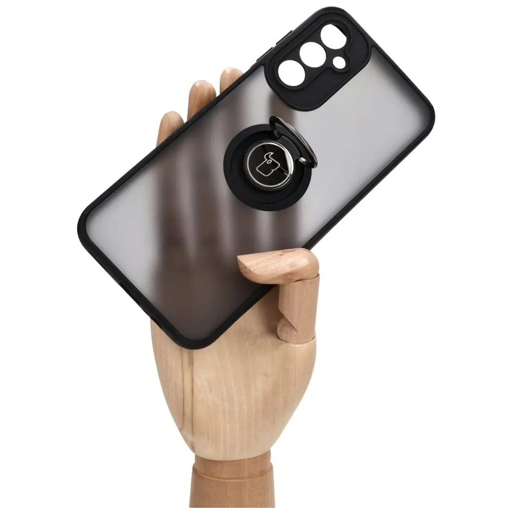 Etui z uchwytem na palec Bizon Case Hybrid Ring do Samsung Galaxy A14 4G / 5G przydymione z czarną ramką