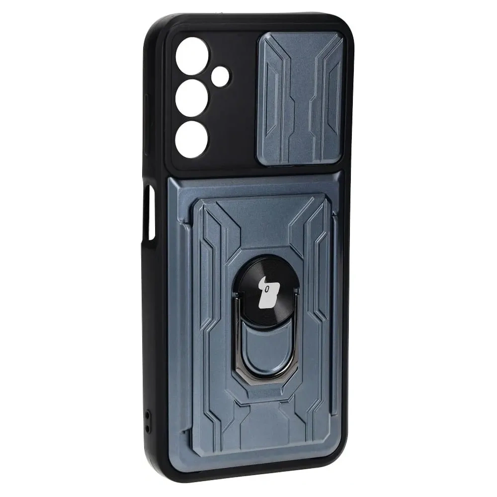 Etui Bizon Case Camshield Card Slot Ring do Samsung Galaxy A14 4G/5G szare