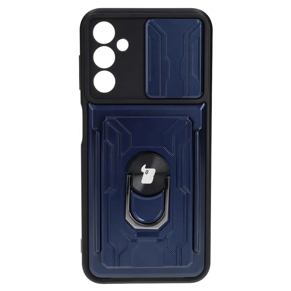Etui Bizon Case Camshield Card Slot Ring do Samsung Galaxy A14 4G/5G granatowe