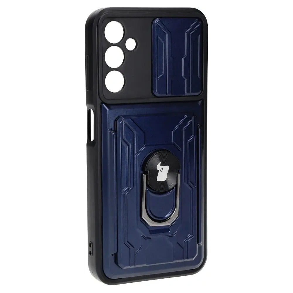 Etui Bizon Case Camshield Card Slot Ring do Samsung Galaxy A14 4G/5G granatowe