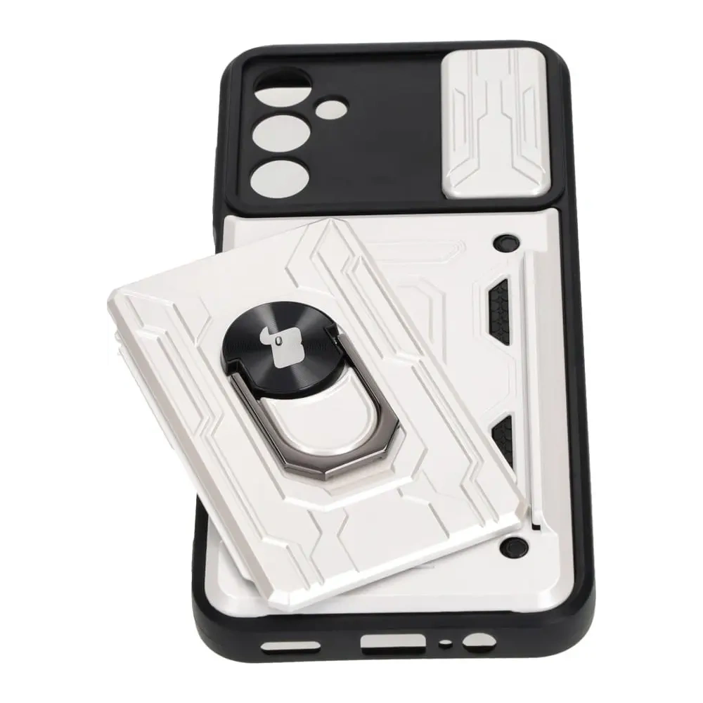 Etui Bizon Case Camshield Card Slot Ring do Samsung Galaxy A14 4G/5G białe