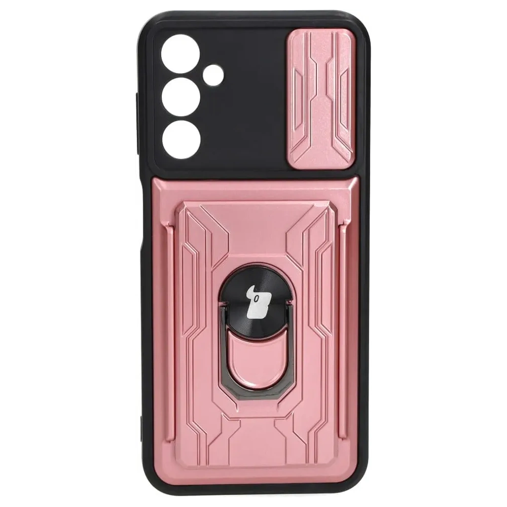 Etui Bizon Case Camshield Card Slot Ring do Samsung Galaxy A14 4G/5G jasnoróżowe