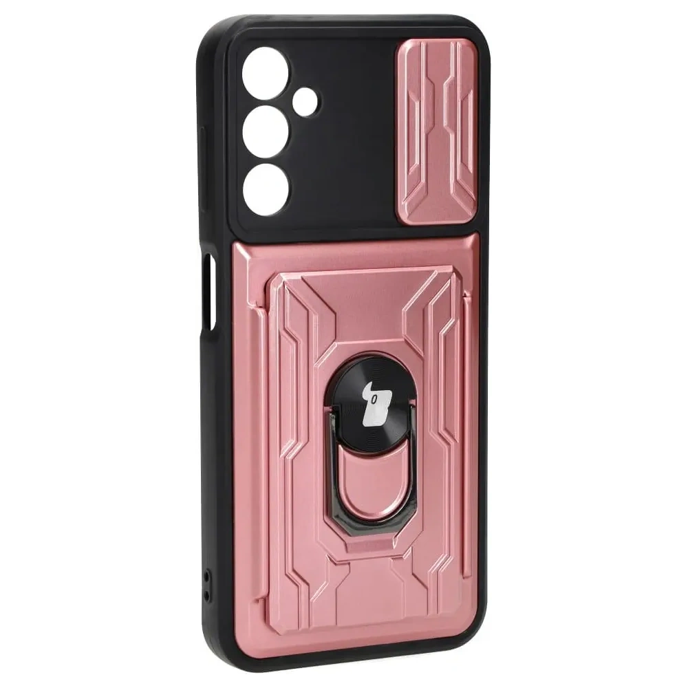 Etui Bizon Case Camshield Card Slot Ring do Samsung Galaxy A14 4G/5G jasnoróżowe