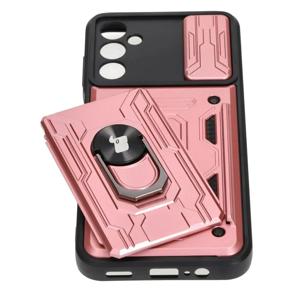 Etui Bizon Case Camshield Card Slot Ring do Samsung Galaxy A14 4G/5G jasnoróżowe