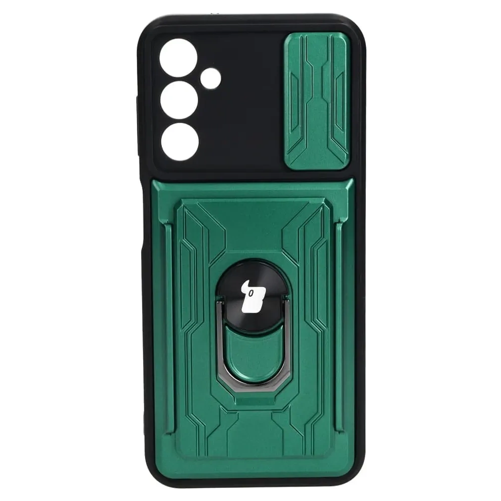 Etui Bizon Case Camshield Card Slot Ring do Samsung Galaxy A14 4G/5G zielone
