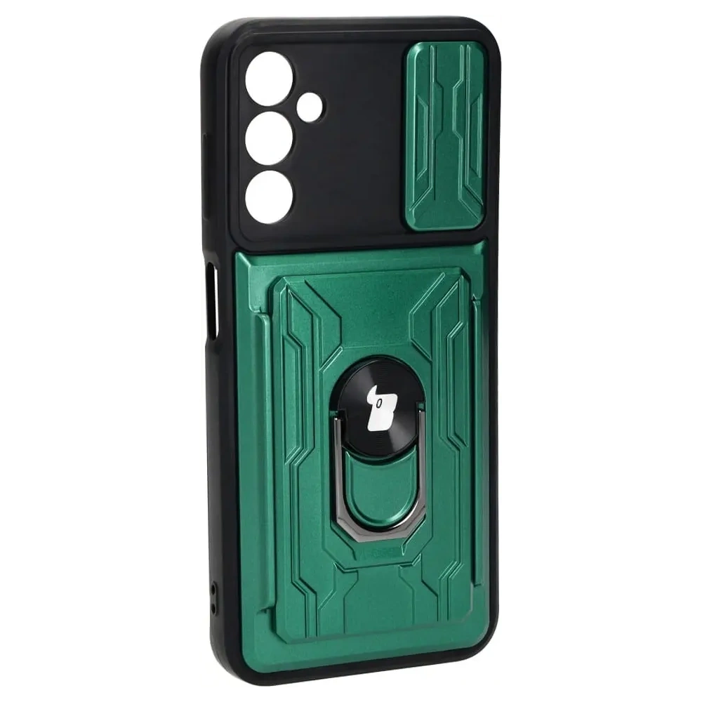 Etui Bizon Case Camshield Card Slot Ring do Samsung Galaxy A14 4G/5G zielone