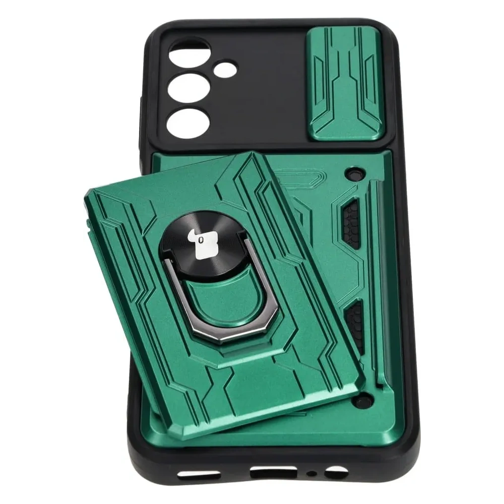Etui Bizon Case Camshield Card Slot Ring do Samsung Galaxy A14 4G/5G zielone