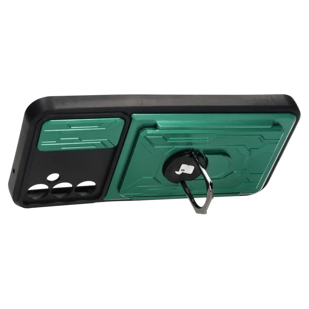 Etui Bizon Case Camshield Card Slot Ring do Samsung Galaxy A14 4G/5G zielone