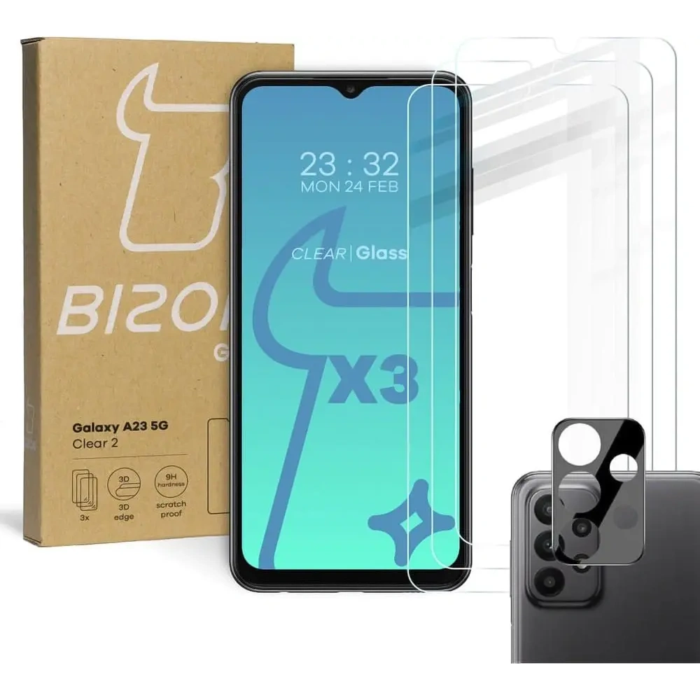 3x Szkło na ekran + szkło na aparat BIZON Clear 2 do Samsung Galaxy A23 5G