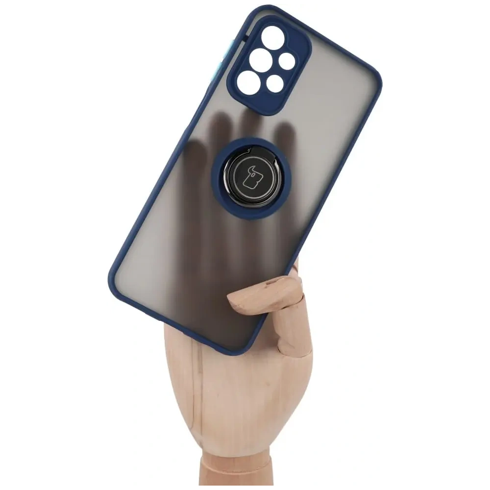 Etui z uchwytem na palec Bizon Case Hybrid Ring do Samsung Galaxy A23 4G / 5G przydymione z granatową ramką