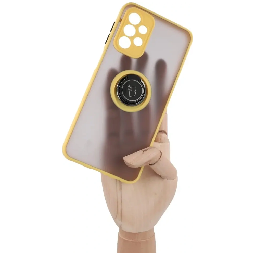 Etui z uchwytem na palec Bizon Case Hybrid Ring do Samsung Galaxy A23 4G / 5G przydymione z żółtą ramką