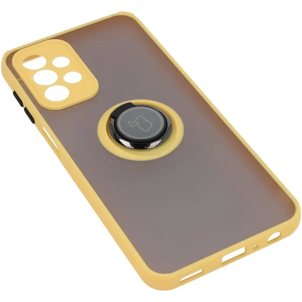 Etui z uchwytem na palec Bizon Case Hybrid Ring do Samsung Galaxy A23 4G / 5G przydymione z żółtą ramką
