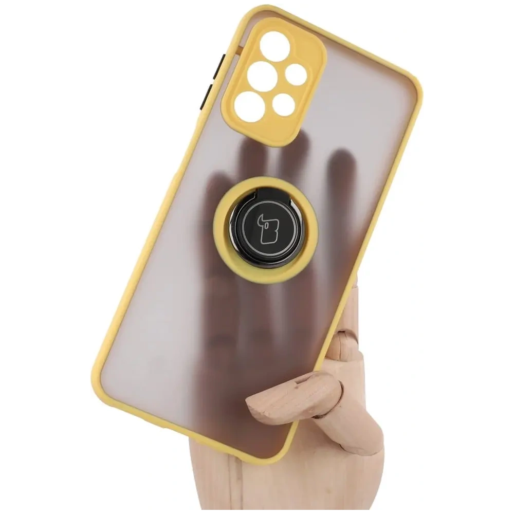 Etui z uchwytem na palec Bizon Case Hybrid Ring do Samsung Galaxy A23 4G / 5G przydymione z żółtą ramką