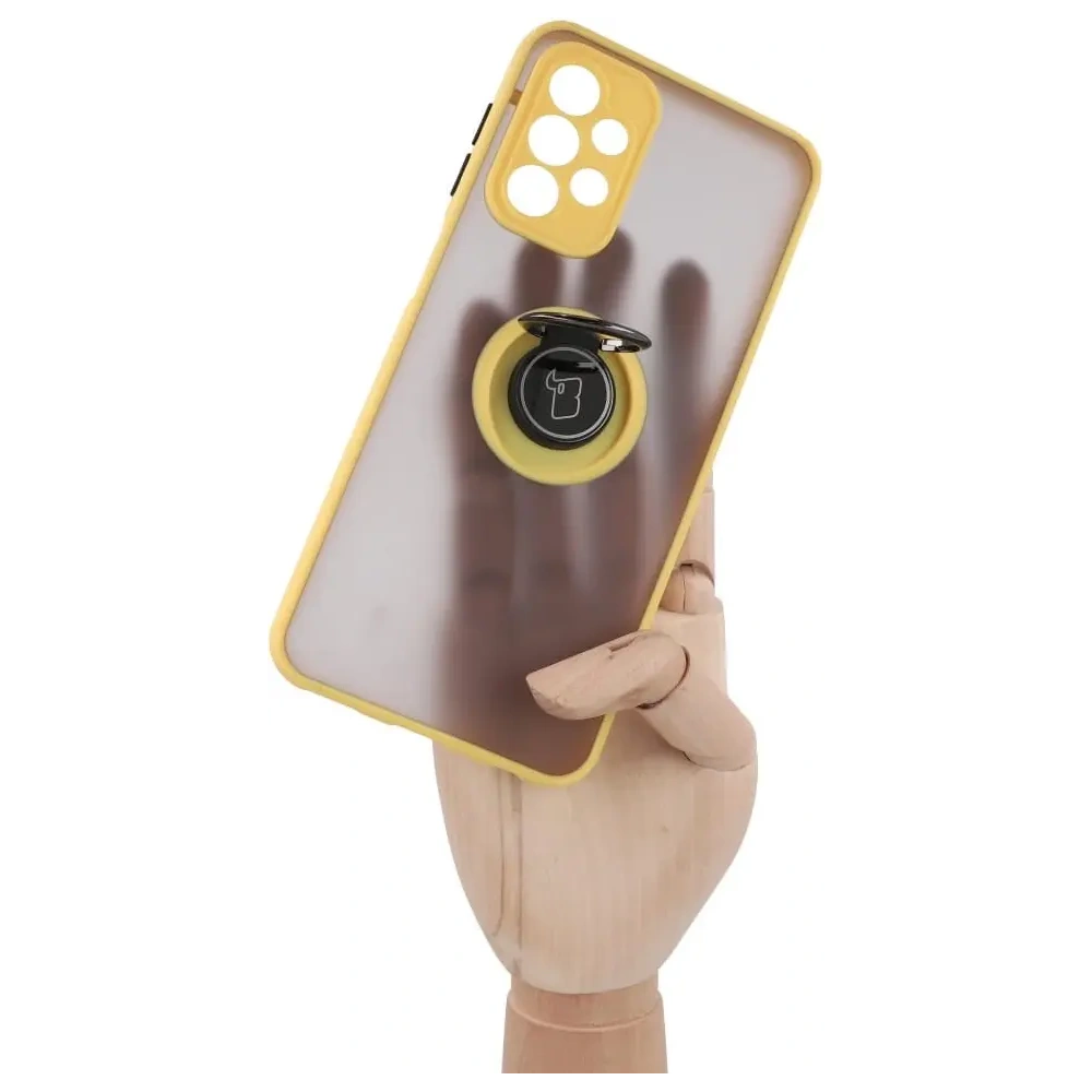 Etui z uchwytem na palec Bizon Case Hybrid Ring do Samsung Galaxy A23 4G / 5G przydymione z żółtą ramką
