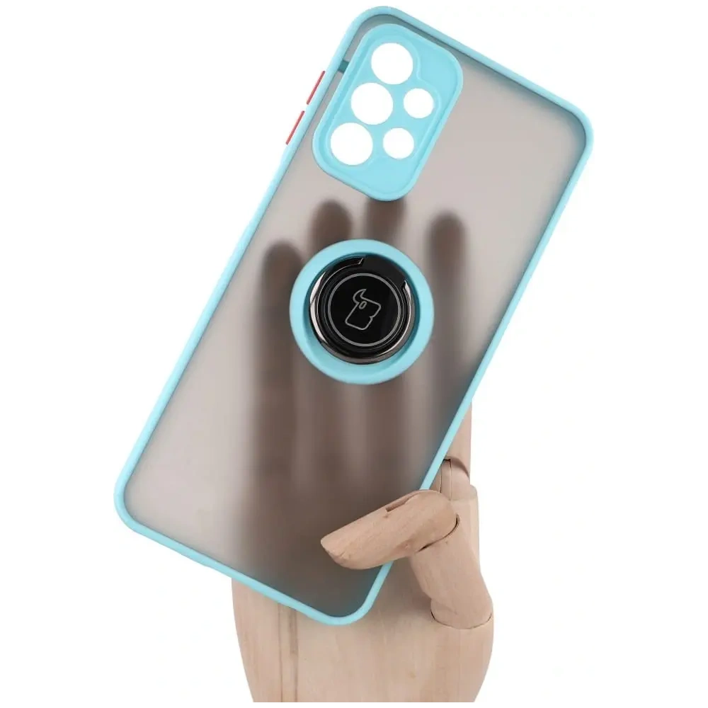Etui z uchwytem na palec Bizon Case Hybrid Ring do Samsung Galaxy A23 4G / 5G przydymione z jasnoniebieską ramką