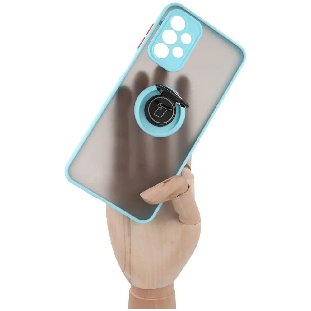 Etui z uchwytem na palec Bizon Case Hybrid Ring do Samsung Galaxy A23 4G / 5G przydymione z jasnoniebieską ramką