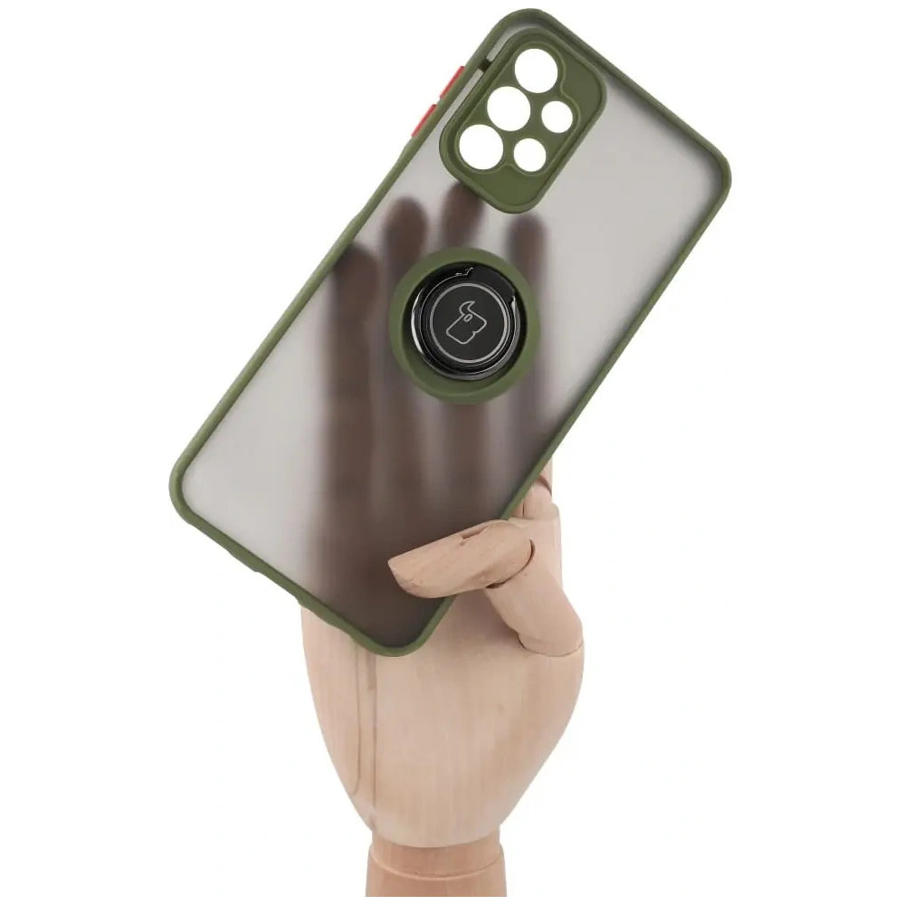 Etui z uchwytem na palec Bizon Case Hybrid Ring do Samsung Galaxy A23 4G / 5G przydymione z zieloną ramką
