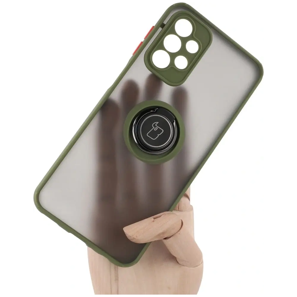 Etui z uchwytem na palec Bizon Case Hybrid Ring do Samsung Galaxy A23 4G / 5G przydymione z zieloną ramką