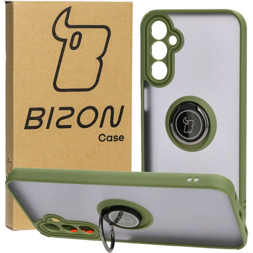 Etui z uchwytem na palec Bizon Case Hybrid Ring do Samsung Galaxy A24 4G przydymione z zieloną ramką