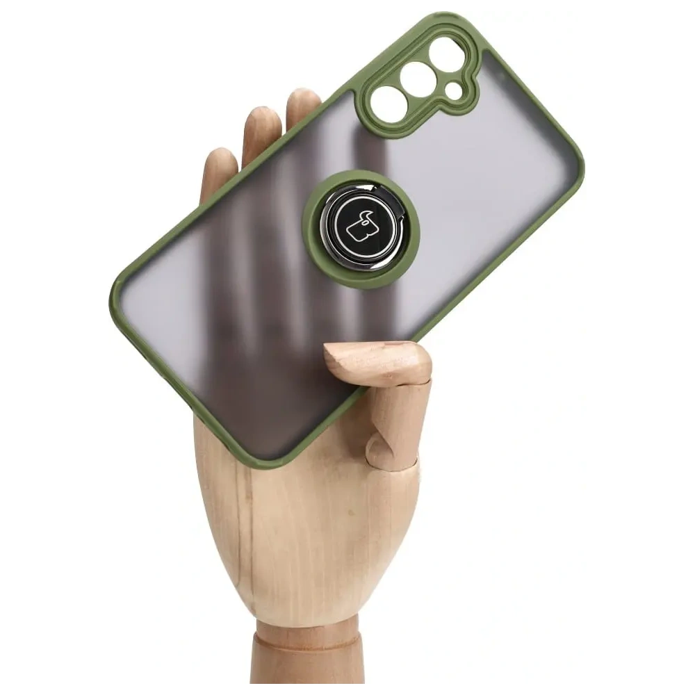 Etui z uchwytem na palec Bizon Case Hybrid Ring do Samsung Galaxy A24 4G przydymione z zieloną ramką