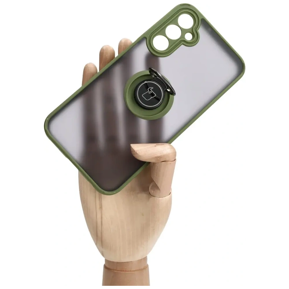 Etui z uchwytem na palec Bizon Case Hybrid Ring do Samsung Galaxy A24 4G przydymione z zieloną ramką