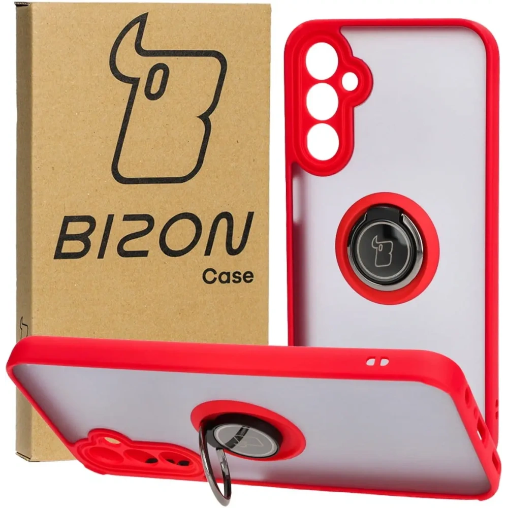 Etui z uchwytem na palec Bizon Case Hybrid Ring do Samsung Galaxy A24 4G przydymione z czerwoną ramką