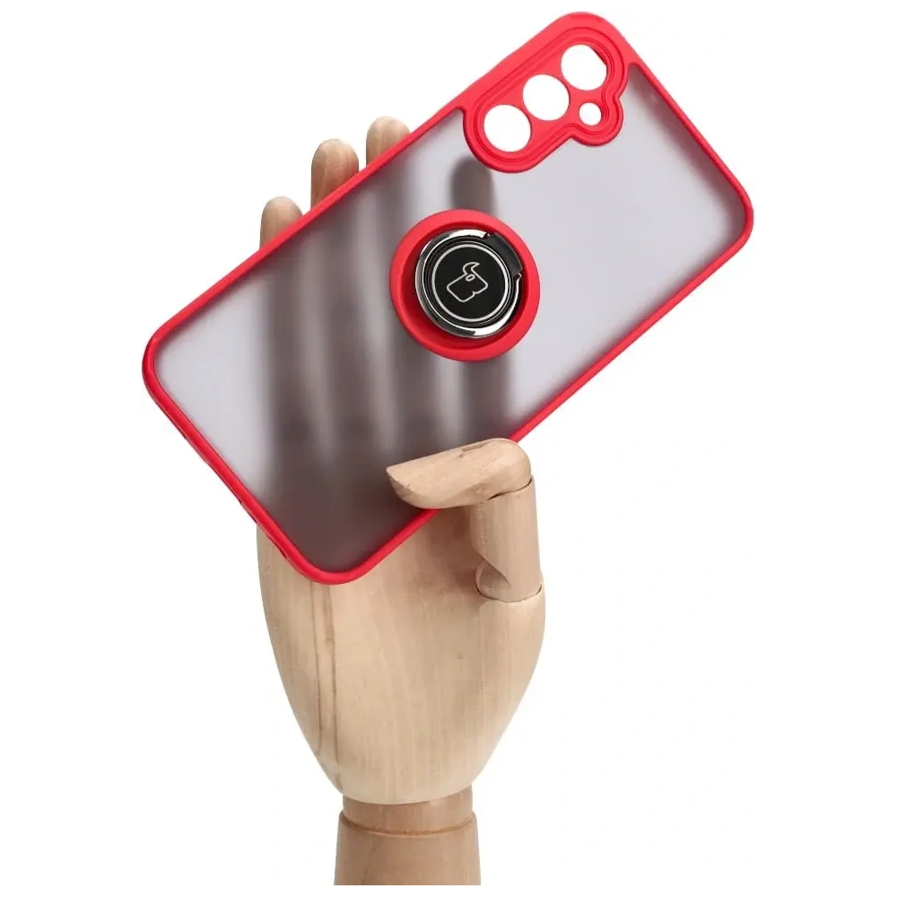 Etui z uchwytem na palec Bizon Case Hybrid Ring do Samsung Galaxy A24 4G przydymione z czerwoną ramką
