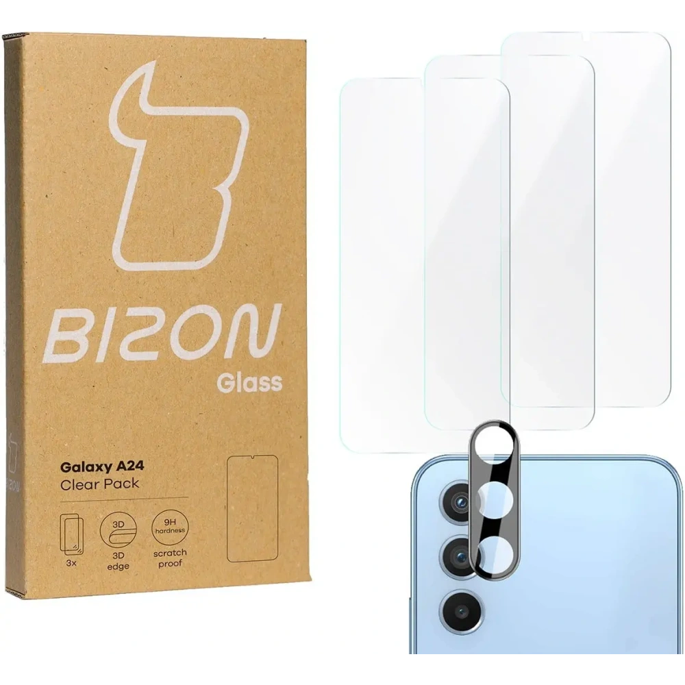 3x Szkło na ekran + szkło na aparat BIZON Clear Pack do Samsung Galaxy A24