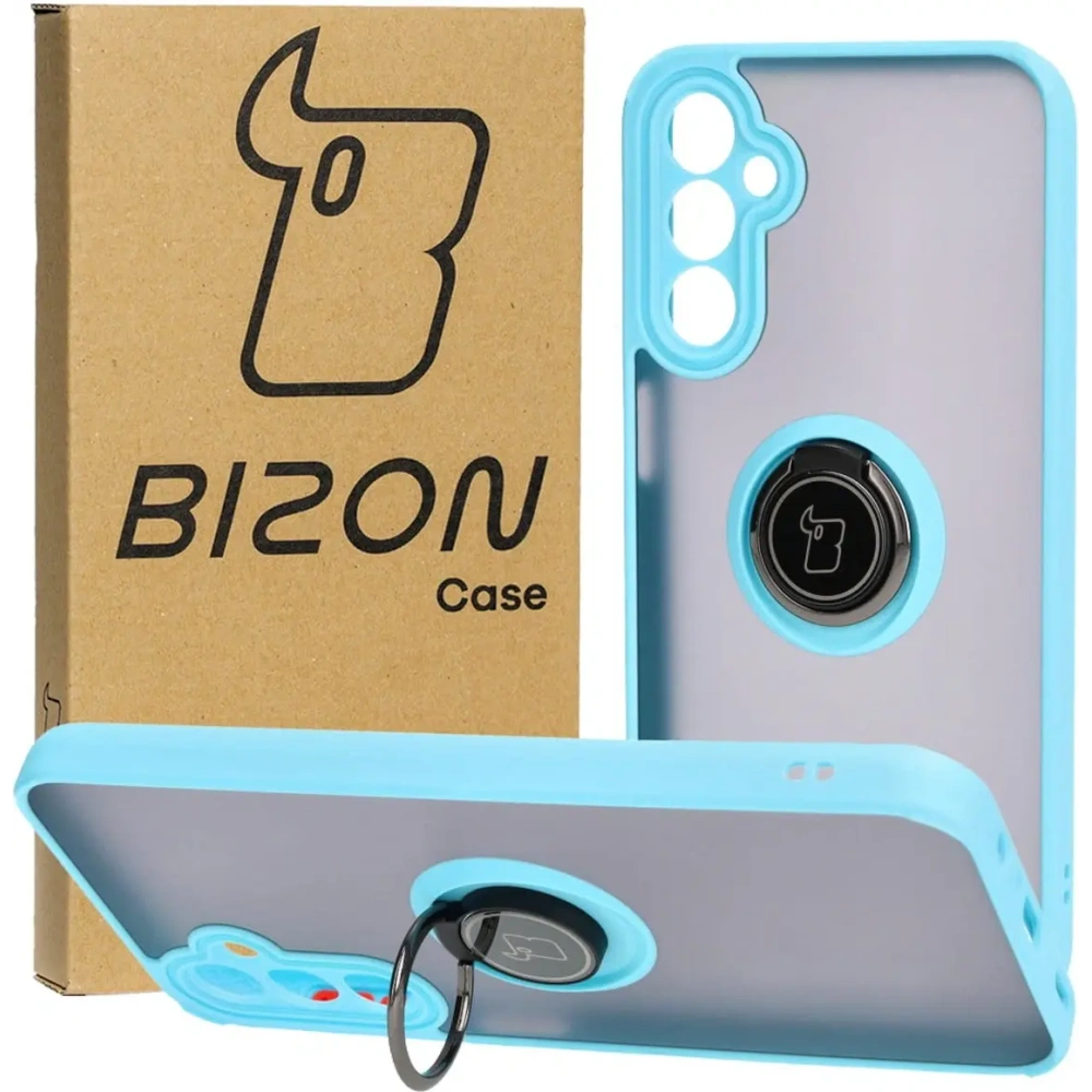 Etui z uchwytem na palec Bizon Case Hybrid Ring do Samsung Galaxy A24 4G przydymione z jasnoniebieską ramką