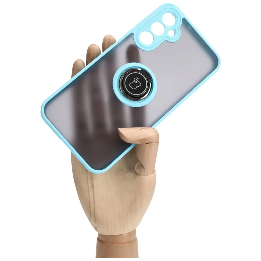 Etui z uchwytem na palec Bizon Case Hybrid Ring do Samsung Galaxy A24 4G przydymione z jasnoniebieską ramką