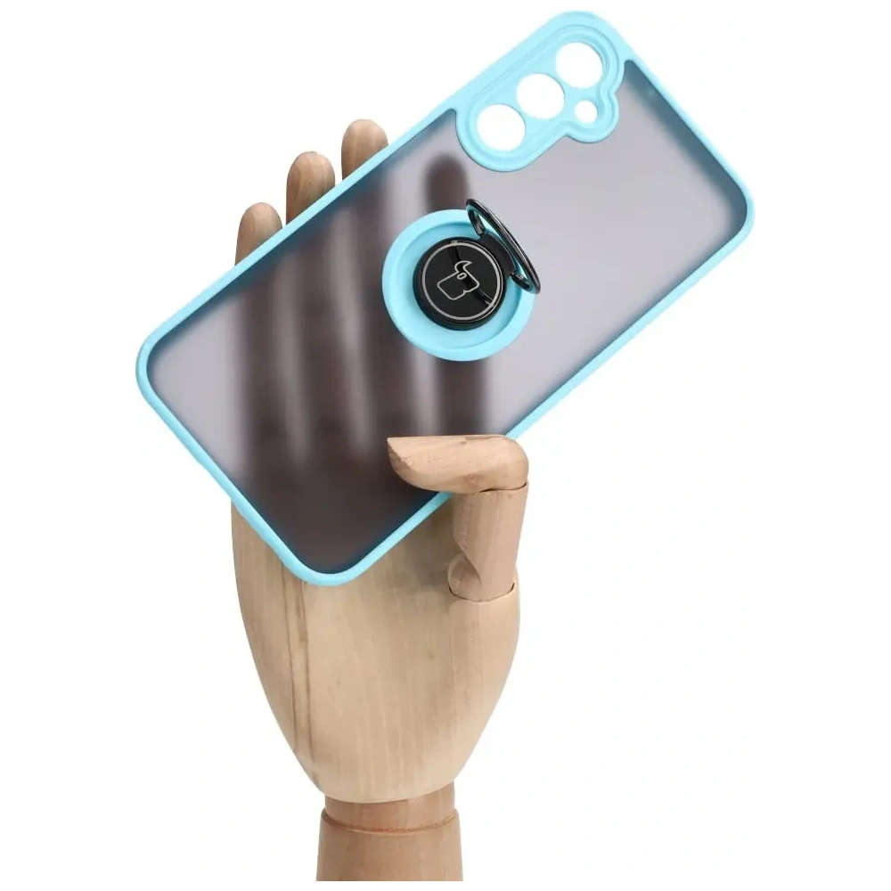 Etui z uchwytem na palec Bizon Case Hybrid Ring do Samsung Galaxy A24 4G przydymione z jasnoniebieską ramką
