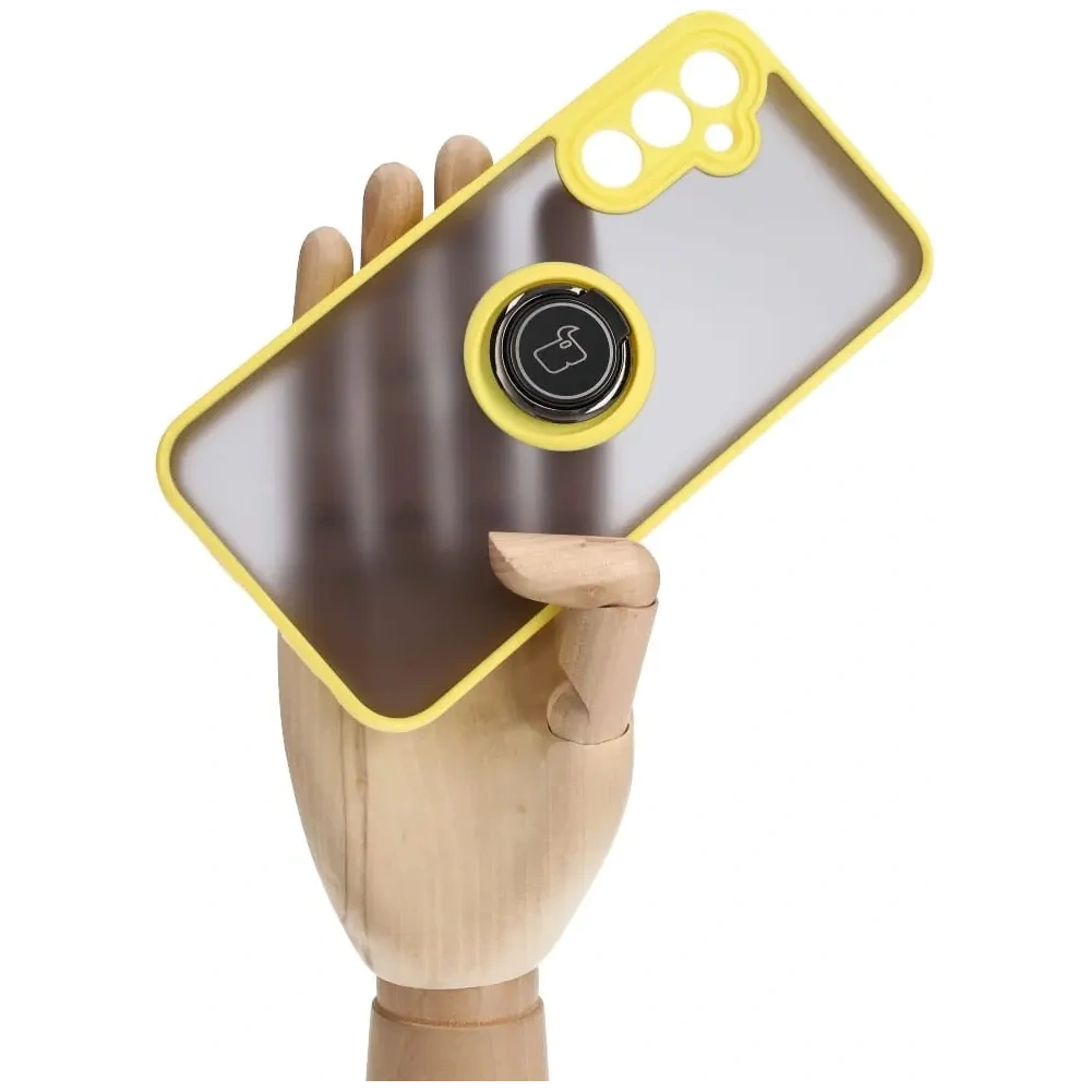 Etui z uchwytem na palec Bizon Case Hybrid Ring do Samsung Galaxy A24 4G przydymione z żółtą ramką