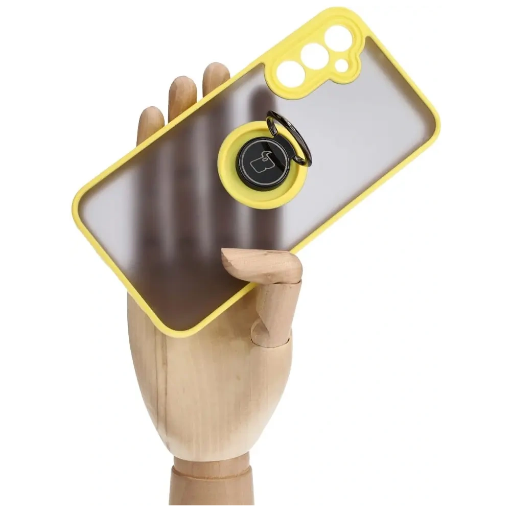Etui z uchwytem na palec Bizon Case Hybrid Ring do Samsung Galaxy A24 4G przydymione z żółtą ramką
