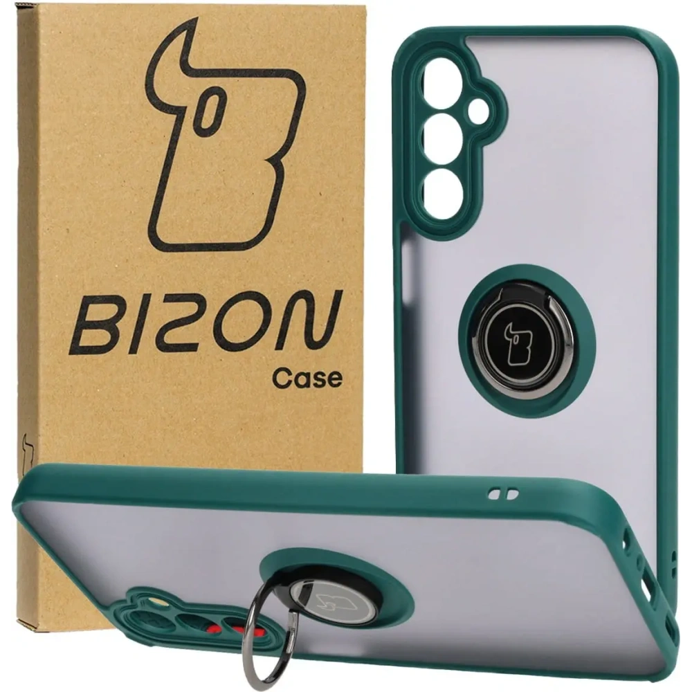 Etui z uchwytem na palec Bizon Case Hybrid Ring do Samsung Galaxy A24 4G przydymione z ciemnozieloną ramką