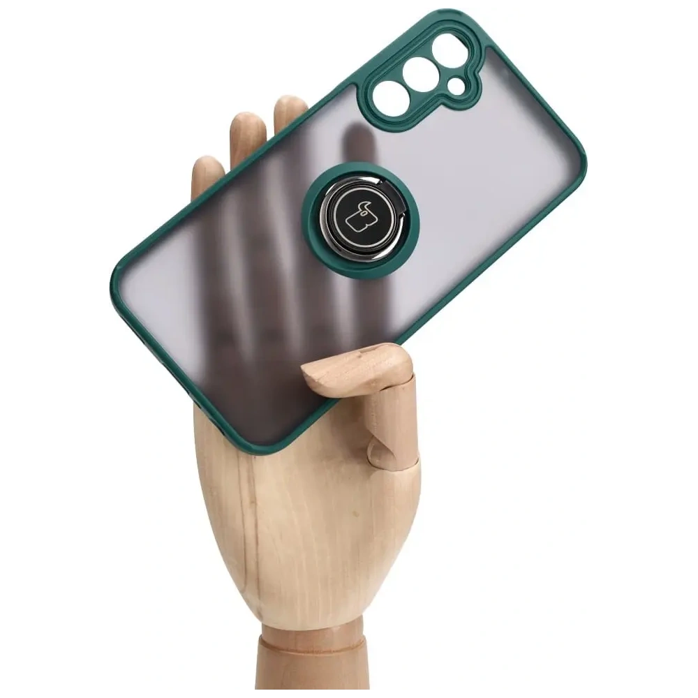 Etui z uchwytem na palec Bizon Case Hybrid Ring do Samsung Galaxy A24 4G przydymione z ciemnozieloną ramką