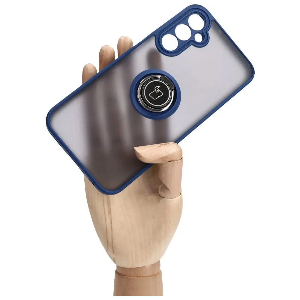 Etui z uchwytem na palec Bizon Case Hybrid Ring do Samsung Galaxy A24 4G przydymione z granatową ramką