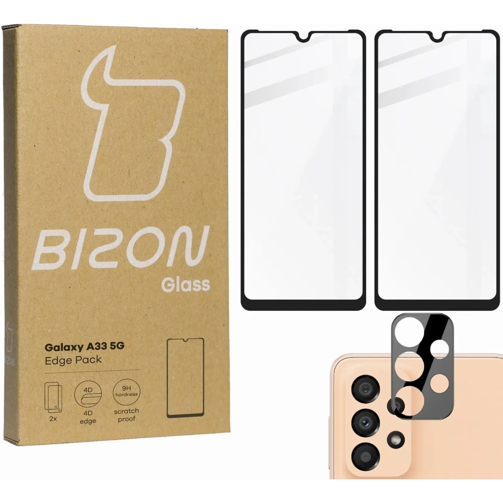 2x szkło hartowane Bizon Glass Edge + ochrona na obiektyw Samsung Galaxy A33 czarne