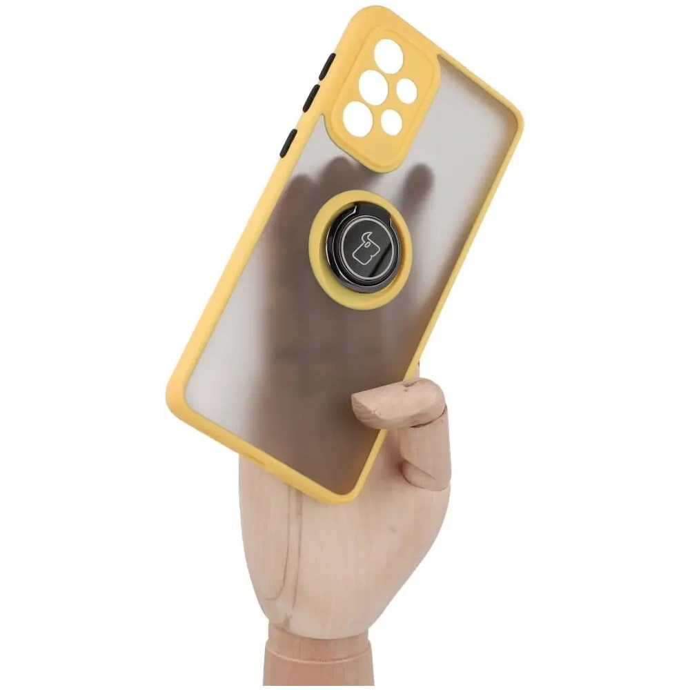 Etui z uchwytem na palec Bizon Case Hybrid Ring do Samsung Galaxy A33 5G przydymione z żółtą ramką