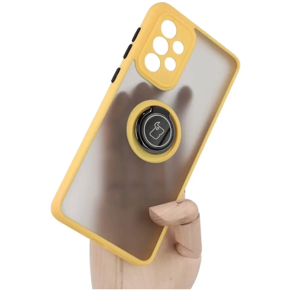 Etui z uchwytem na palec Bizon Case Hybrid Ring do Samsung Galaxy A33 5G przydymione z żółtą ramką