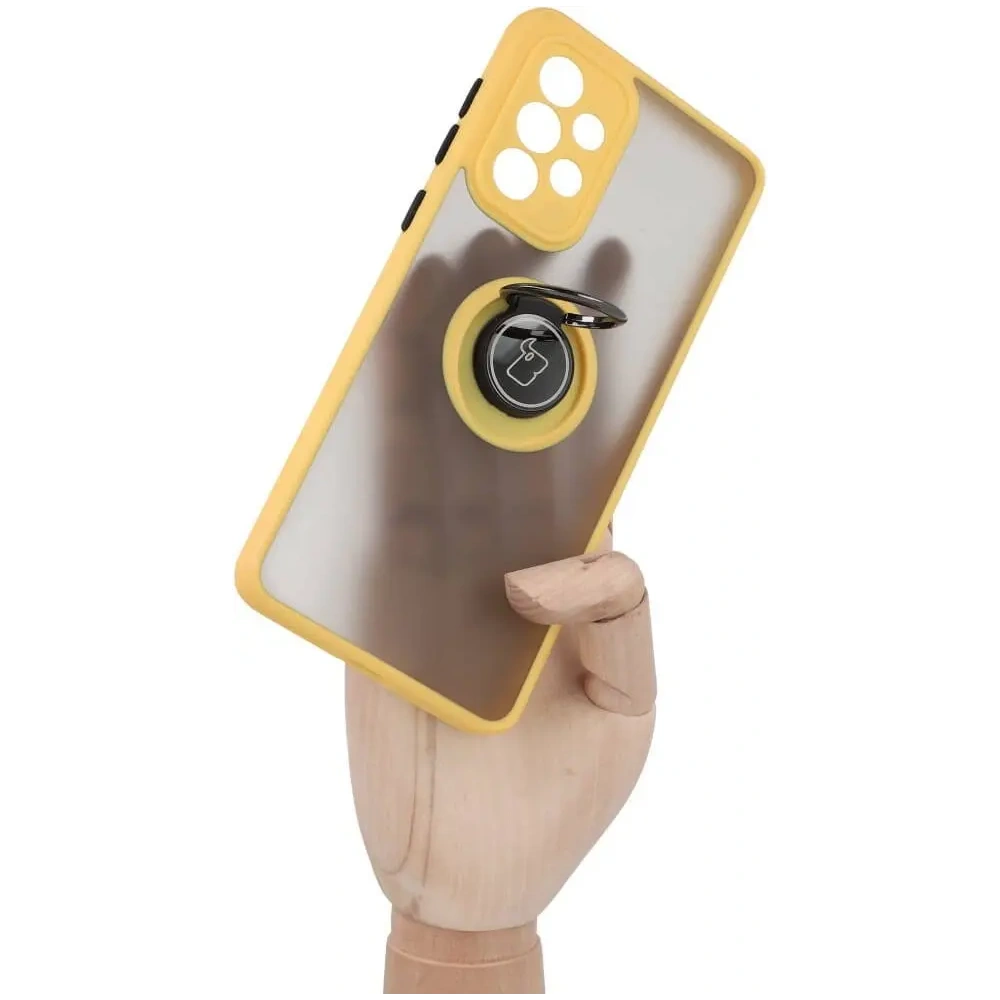 Etui z uchwytem na palec Bizon Case Hybrid Ring do Samsung Galaxy A33 5G przydymione z żółtą ramką