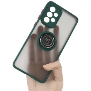 Etui z uchwytem na palec Bizon Case Hybrid Ring do Galaxy A33 5G, przydymione z ciemnozieloną ramką