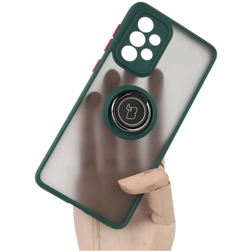 Etui z uchwytem na palec Bizon Case Hybrid Ring do Samsung Galaxy A33 5G przydymione z ciemnozieloną ramką