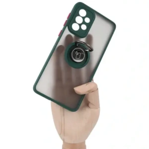 Etui z uchwytem na palec Bizon Case Hybrid Ring do Galaxy A33 5G, przydymione z ciemnozieloną ramką