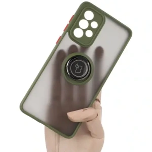 Etui z uchwytem na palec Bizon Case Hybrid Ring do Galaxy A33 5G, przydymione z zieloną ramką